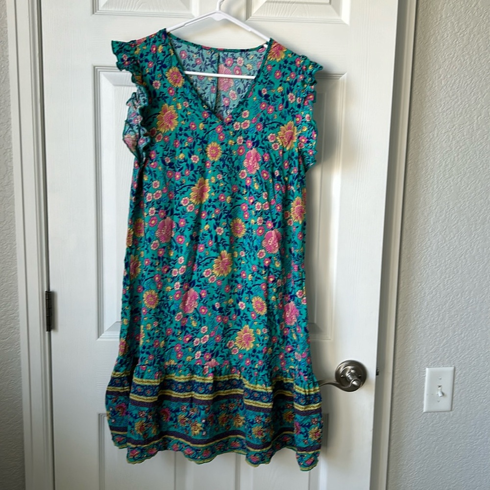 SHEIN Teal Floral Ruffle-Sleeve V-Neck Dress